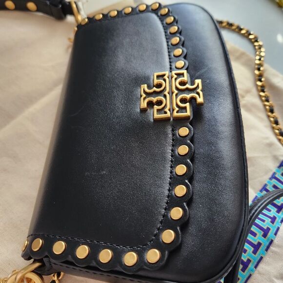 New! Tory Burch Britten Black Leather Studded Convertible Shoulder Bag - Picture 7 of 10